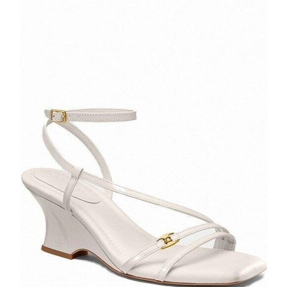 Coach Cait Sandals Women's Size 10 Chalk Leather Wedge Heel Ankle Wrap Buckle - Picture 2 of 8